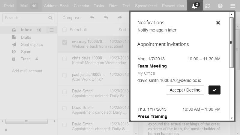 Pierwsze kroki Interfejs użytkownika Obszar powiadomień Wyświetla informacje o następujących obiektach: nowe zaproszenia na spotkanie przypomnienia o spotkaniach w kolejce zadania w kolejce zadania z