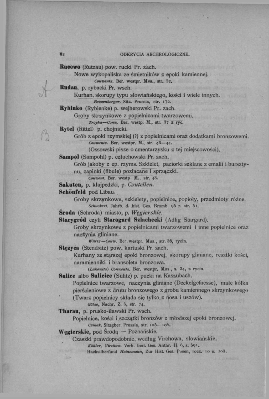 82 ODKRYCIA ARCHEOLOGICZNE. Rucewo (Rutzau) pow. rucki Pr. zach. Nowe wykopaliska ze śmietników z epoki kamiennej. Conwenta. Ber. westpr. Mus., str. 32. Kudau, p. rybacki Pr. wsch.