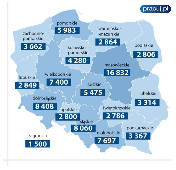 opolskim, gdzie stopa bezrobocia w lutym tego roku wyniosła 15,5%, najczęściej aplikują na oferty z Dolnego Śląska, a internauci z Podkarpacia i województwa świętokrzyskiego odpowiadają na oferty