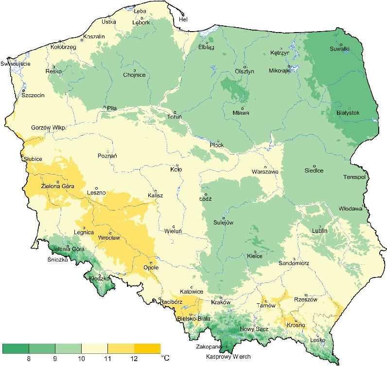 . Tab. 21. Miesięczne średnie, maksymalne i minimalne temperatury powietrza w październiku.