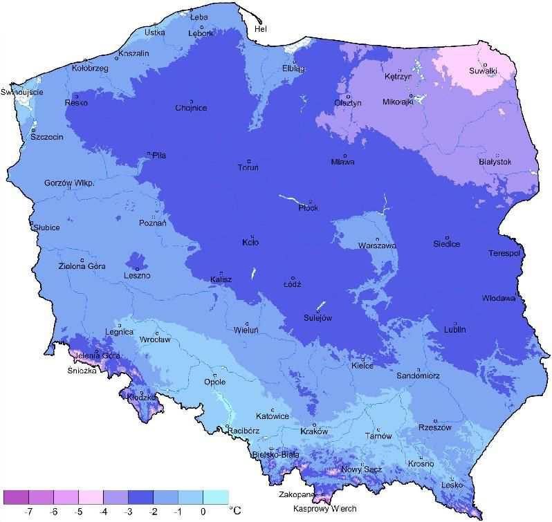 3 podająca średnie, maksymalne i minimalne temperatury powietrza przy gruncie oraz ilość dni z temperaturą ujemną przy gruncie. Na początku miesiąca przyszło ocieplenie.