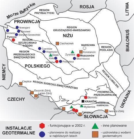 Energia geotermalna w Polsce Wykorzystanie energii geotermalnej w Polsce; c.d. Całkowita objętość wód geotermalnych w Polsce wynosi ok. 6,7x10³ km³ (ok. 3 objętości Bałtyku).