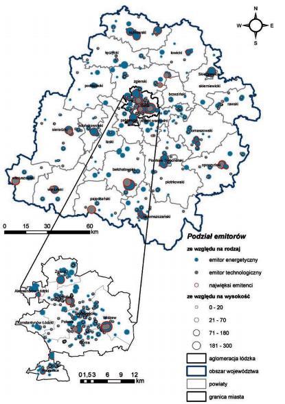 Rysunek 41. Rozmieszczenie emitorów punktowych w województwie łódzkim i aglomeracji łódzkiej w 2012 r. 213 Emisja liniowa Źródłem emisji liniowej jest transport samochodowy.