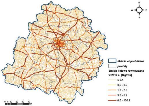 Tabela 48. Emisja liniowa głównych zanieczyszczeń na terenie województwa łódzkiego w 2012-13 r.