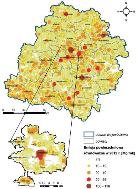 Rysunek 44. Rozmieszczenie emitorów powierzchniowych w województwie łódzkim i aglomeracji łódzkiej w 2012 r. 218 8.