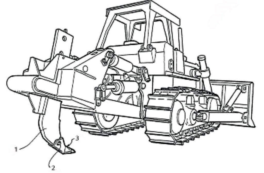 1 ząb, 2 ochraniacz, 3 wymienna końcówka ścieralna Rys. 1. Osprzęt zrywakowy [5] Fig. 1. Parts of ripper equipment zdatności osprzętu wspomagają także sam proces urabiania (tab. 2).