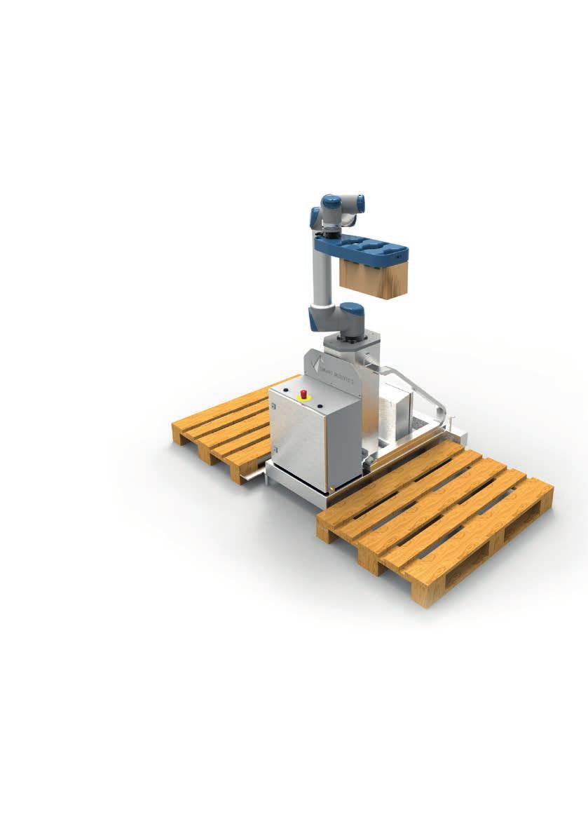 SMART PALLETIZER (SERIA SP2) PALETYZACJA Cobot na standardowej ramie, z gniazdem na dwie palety, zajmuje minimalną przestrzeń i może być szybko zainstalowany.