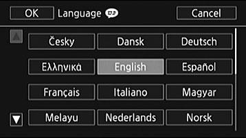 Zmiana języka Domyślnym językiem menu kamery jest angielski. Można go zmienić na jeden z 27 innych dostępnych języków. Tryby pracy: 1 Nacisnąć przycisk. 2 Wybrać wymagany język.