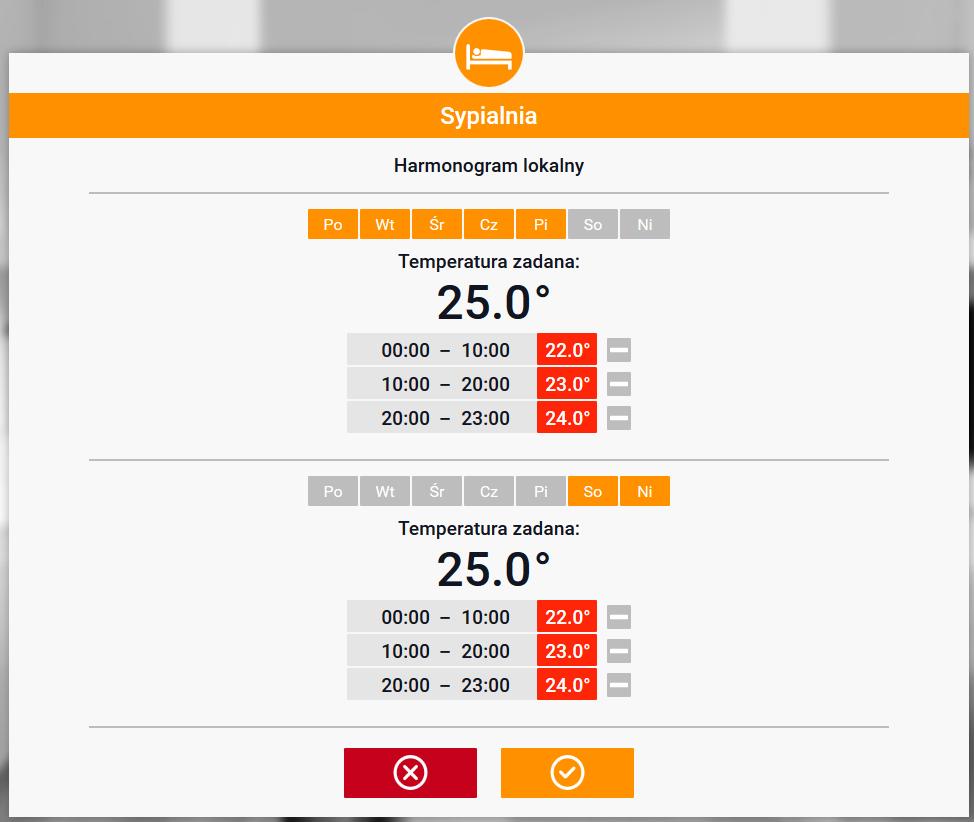 WiFi PK Po wybraniu harmonogramu i kliknięciu OK przechodzimy do ekranu edycji ustawień harmonogramu tygodniowego: Zrzut ekranu przedstawiający ekran edycji nastaw harmonogramu tygodniowego.