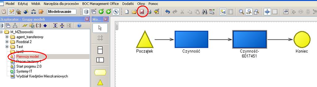 Szybkie zapisywanie modelu Jeżeli w oknie Eksploratora Grupa modeli nazwa modelu jest wyświetlona na czerwono oraz ikona dyskietki na pasku Szyki