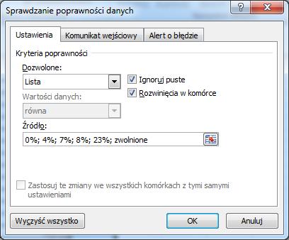 Rysunek 10. Definiowanie kryteriów poprawności danych W zakładce Alert o błędzie mamy możliwość ustalenia stylu komunikatu.