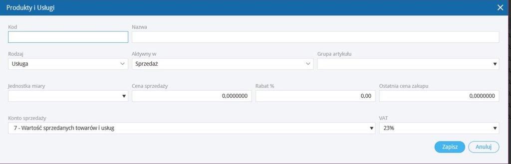 Aby dodać nowy artykuł sprzedaż kliknij Nowy artykuł sprzedaży. Po wybraniu nowego artykułu sprzedaży w następującym oknie należy niezbędne informacje.
