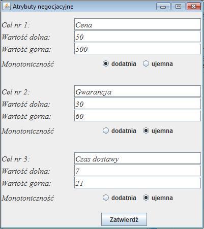Formatk defowaa struktury problemu w NegoMaage W kolejym kroku aalzy preferecj egocjator jest proszoy o podae przykładów ofert reprezetujących każdą z zadeklarowaych przez ego warstw.