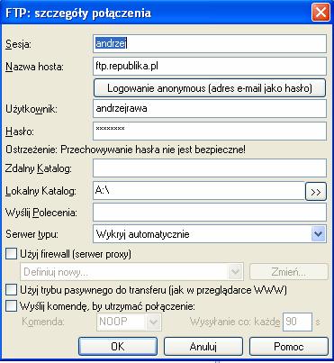 Sesja: przypisujemy dowolną nazwę Nazwa hosta: ftp.republika.pl.