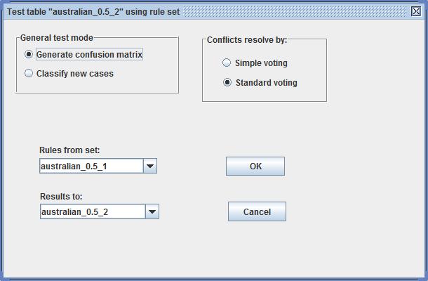 Klasyfikacja metodą zbioru testowego polega na wybraniu tabeli, która ma zostać sklasyfikowana, kliknięciu prawego przycisku myszy oraz wyborze opcji Classify->Test Table Using Rule Set.