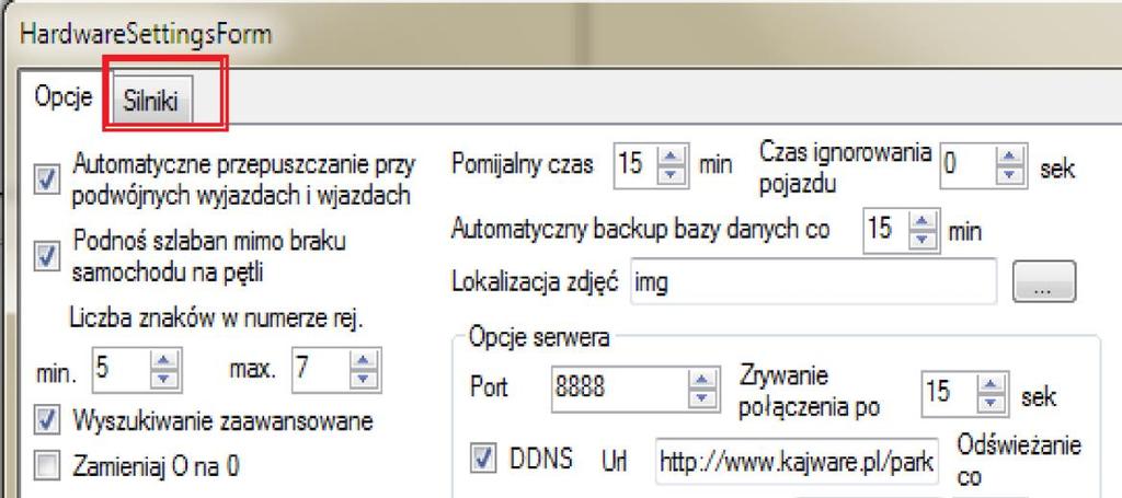 Otwieramy zakładkę "Silniki" otwierając okno : "Dodaj" - dodamy nową kamerę(silnik) Mamy możliwość ustawienia modułu rozpoznawania tablic