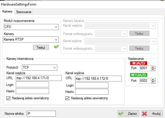 Przykładowe ustawienie kamer IP IP kamery internetowe, należy podać kanały wejścia na stronę internetową (w dolnej części okna).