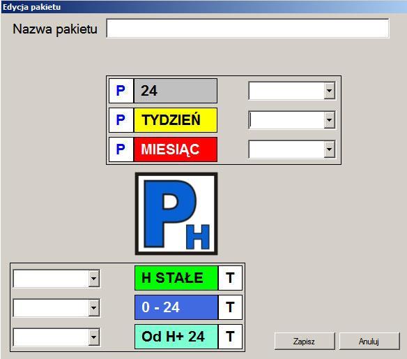 3. Tworzenie pakietów dla parkingu godzinowego Pakiety dla parkingu godzinowego tworzymy klikając na klawisz Taryfy, Dodaj a następnie Ph, gdzie możemy stworzyć taryfę dla okresu (P/24/S), dni