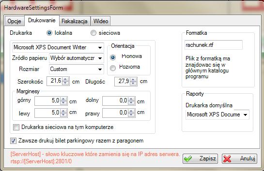 Zakładka Drukowanie służy do ustawień wydruku oraz drukarki. Lewa część okna przeznaczona jest do konfiguracji drukarki do wydruku biletów, prawa zaś do zwykłej drukarki A4.