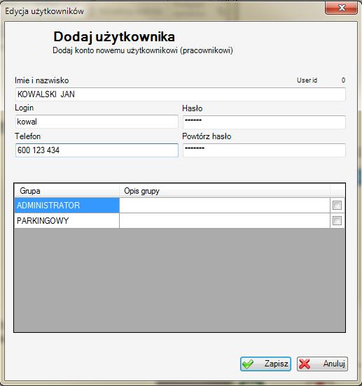 Po uzupełnieniu jego danych i przydzieleniu go do odpowiedniej grupy