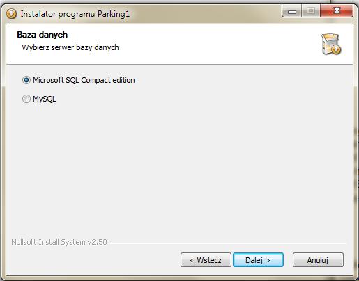 W tym przypadku również należy wybrać typ bazy danych Microsoft SQL Compact Edition (baza instalowana jest automatycznie przez program na danym komputerze) lub MySQL (użytkownik musi posiadać taką
