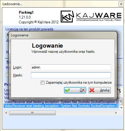 KONFIGURACJA SERWERA Po uruchomieniu programu pojawi się okno logowanie fabryczne