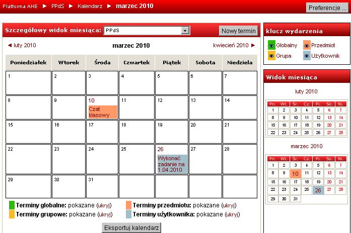 Wpisy, które są widoczne w Kalendarzu, zależą od kontekstu, w którym znajduje się użytkownik platformy: kalendarz na Stronie logowania pokazuje tylko wpisy globalne, kalendarz na Stronie początkowej