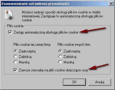 4. Zaznacz pole wyboru Zastąp automatyczną obsługę plików cookie, a następnie pole wyboru Zawsze zezwalaj na
