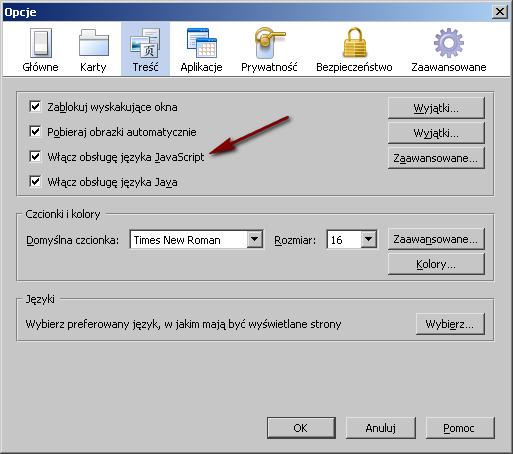 5.2.2. Przeglądarka Firefox JavaScript Aby włączyć obsługę plików JavaScript: 1. Kliknij w przeglądarce menu Narzędzia. 2. Kliknij pozycję Opcje. 3.