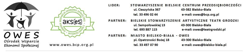 Zapytanie ofertowe nr OWES/INNOWACJA/03 na realizację pakietu innowacji 1. Zamawiający Bielskie Stowarzyszenie Artystyczne Teatr Grodzki z siedzibą: Sempołowskiej 13, 43 300 Bielsko Biała, ul.