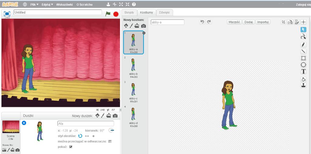 Wykonujemy ruchy bardziej płynne. [13/23] Podstawy programowania w Sctatch. Do animacji wybierzemy duszka dziewczynkę, którą nazwiemy Ala.