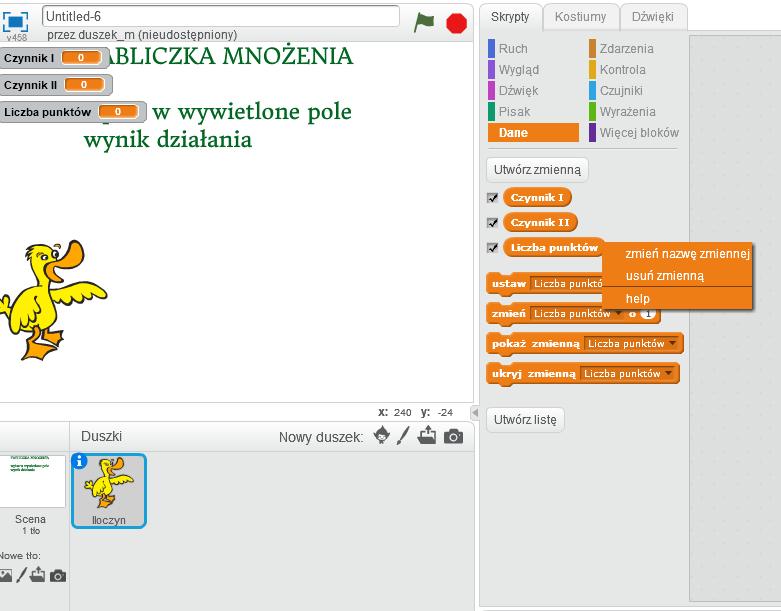 [18/23] Podstawy programowania w Sctatch. Po utworzeniu zmiennych w kategorii Dane pojawiły się nowe bloki.