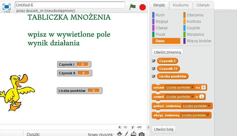 Na scenie widoczne są pola z naszymi zmiennymi oraz ich danymi o wartości 0.Pola te ustawiamy w odpowiednim dla nas miejscu.