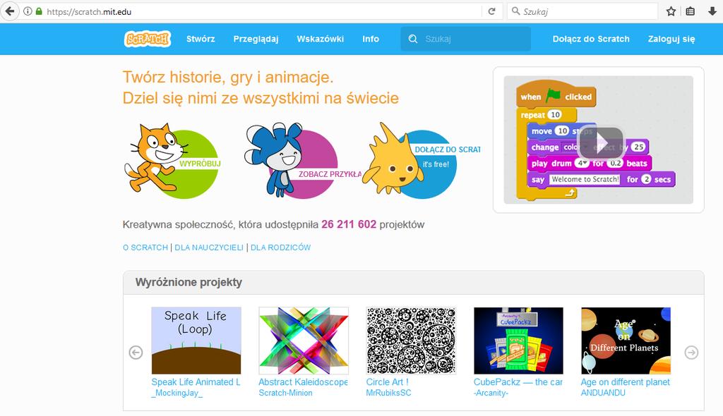 [2/23] Podstawy programowania w Sctatch. Budowa okna programu Scratch na stronie http://scratch.mit.edu. Strona startowa Scratch.