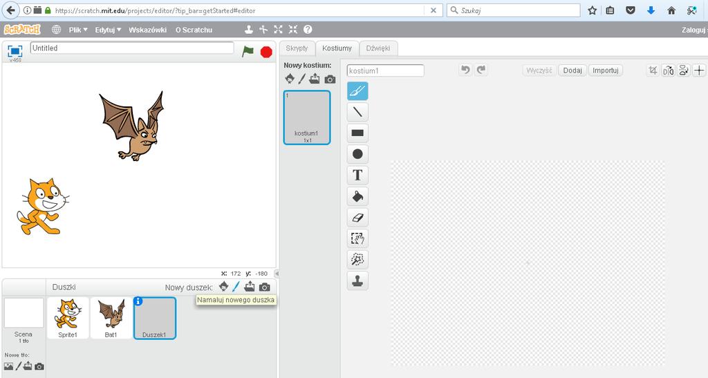 [7/23] Podstawy programowania w Sctatch. Duszka możemy również sami narysować. Włączmy edytor do rysowania, jest on uproszczoną wersją programu Paint.