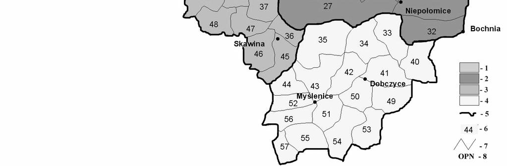 Location of the study area and division into hunting units and pollution regions: 1 northern region, 2 eastern region, 3 western region, 4 southern region, 5 regions border, 6 number of hunting unit,