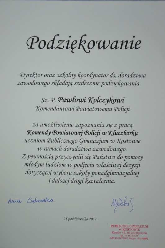 Podziękowanie od Dyrektora Publicznego Gimnazjum w Kostowie oraz szkolnego koordynatora ds.