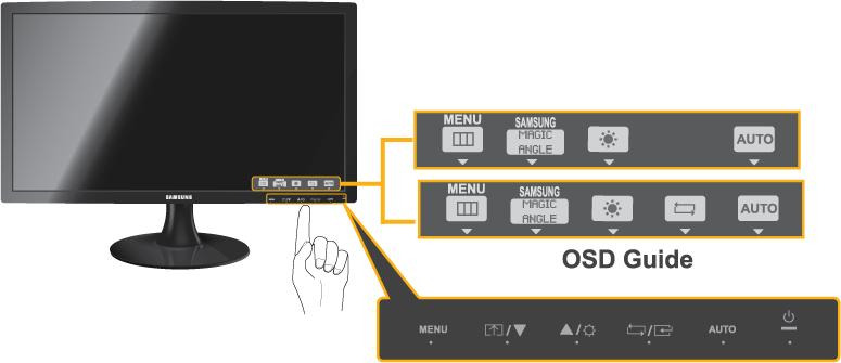 3-19 Przyciski urządzenia Przyciski urządzenia Naciśnij jeden z przycisków na monitorze. Na ekranie zostanie wyświetlony OSD Guide. Po naciśnięciu przycisku z przodu monitora, pojawi się OSD Guide.