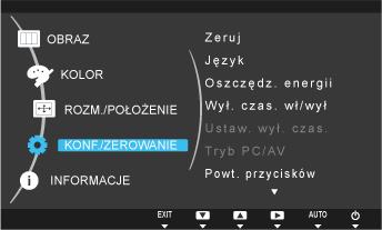KONF./ZEROWANIE MENU OPIS Za pomocą tej funkcji można przywrócić fabryczne ustawienia jakości obrazu i kolorów. <Tak> - <Nie> Zeruj Wybór języka menu ekranowego.