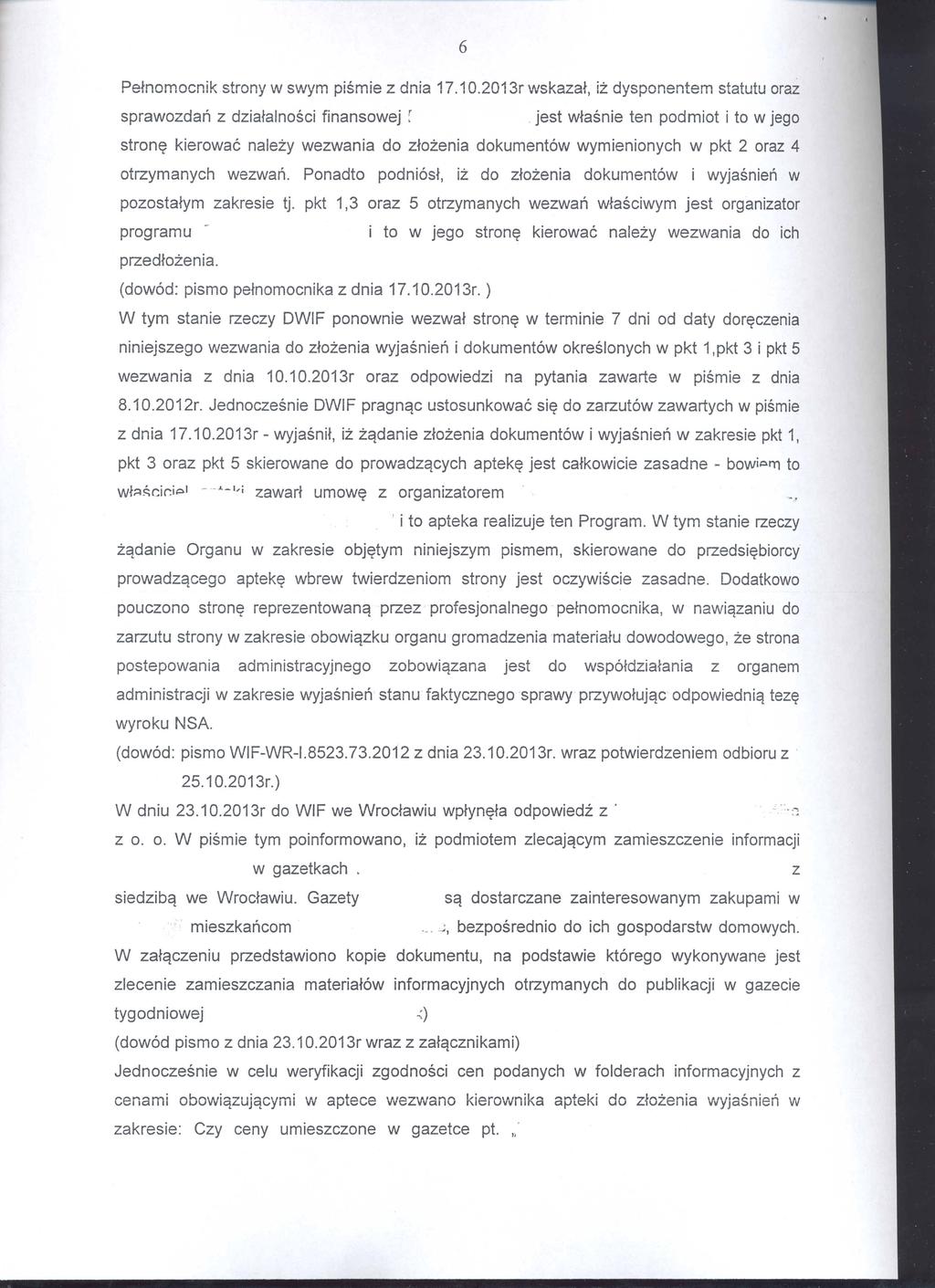 Petnomocnik strony w swym pismie z dnia 17.10.