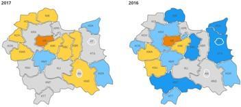 to poprawę sytuacji na małopolskim rynku pracy z punktu widzenia pracownika, a zarazem unaocznia problemy pracodawców z obsadzeniem wolnych stanowisk. Mapa 14.