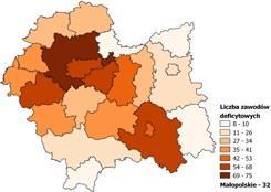 Mapa 15. Zawody deficytowe i nadwyżkowe w powiatach województwa małopolskiego Źródło: barometrzawodow.