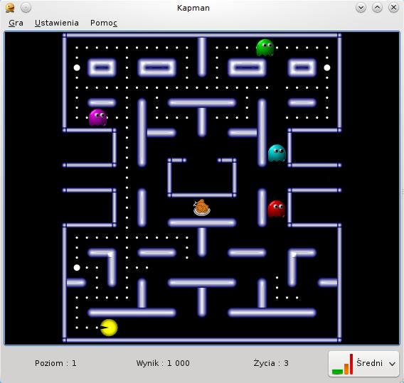Rozdział 1 Wprowadzenie RODZAJ GRY: Zręcznościowa LICZBA GRACZY: Jeden Kapman jest klonem dobrze znanej gry Pac-Man. Musisz przechodzić poziomy uciekajac przed duchami w labiryncie.