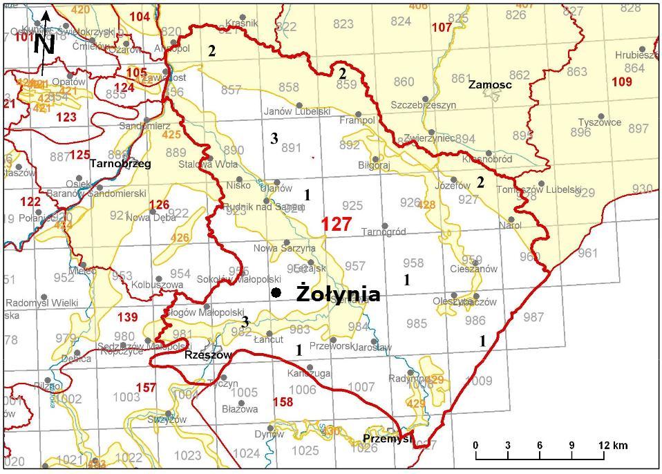 Rysunek 7.Lokalizacja Żołyni względem JCWPd nr 127. źródło: Państwowa Służba Hydrogeologiczna. Informacje na jego temat znajdują się w poniższej tabeli. Tabela 14.Charakterystyka JCWPd nr 127.