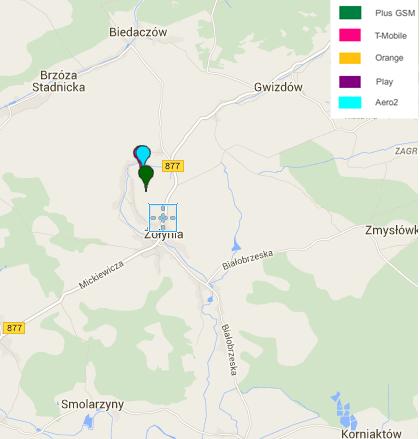 Rysunek10. Lokalizacjastacjibazowychtelefoniikomórkowejw pobliżu Żołyni. Źródło: www.btsearch.