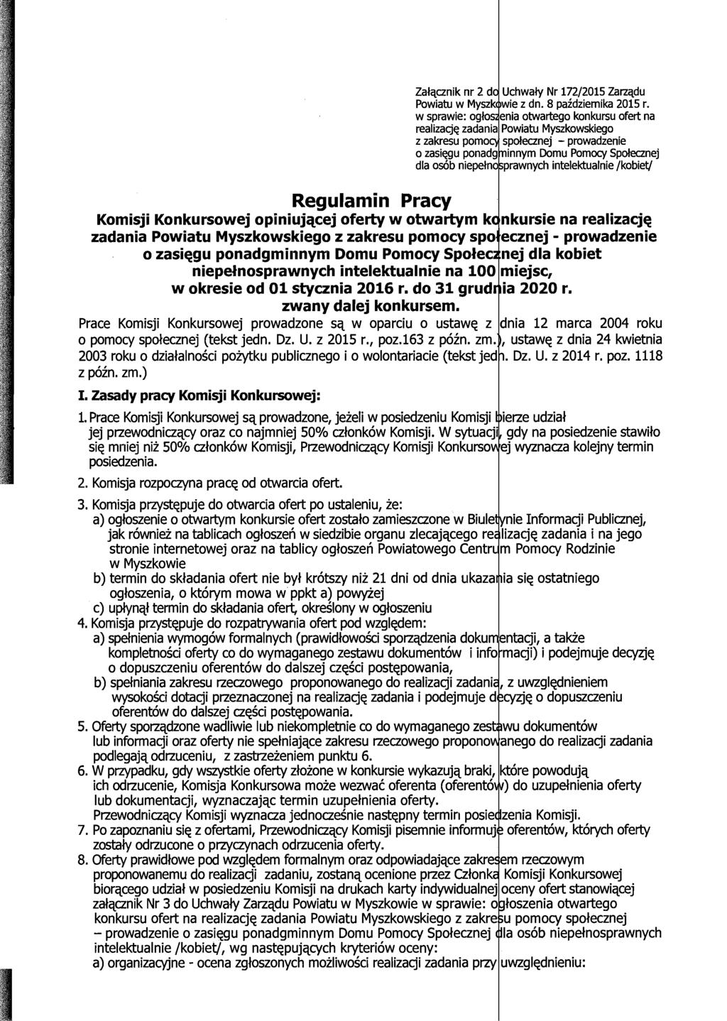 Regulanlin Pracy Zalqcznik nr 2 d Uchwaly Nr 172/2015 Zarzqdu Powiatu w Mysz~ wie z dn. 8 pazdziemika 2015 r.