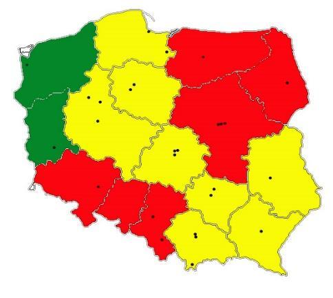 Odsetek chorych operowanych powodu raka płuca w stosunku do liczby nowo zarejestrowanych wg miejsca zamieszkania źródło: