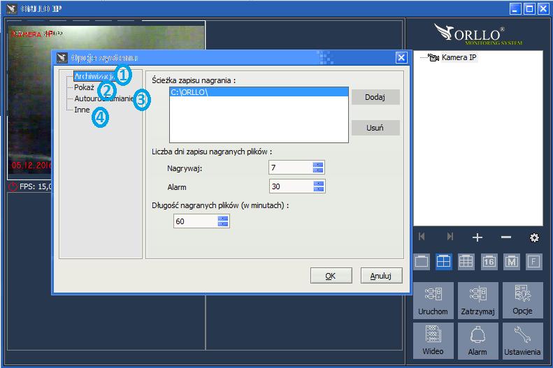 1. Archiwizacja - miejsce na dysku komputera w którym będą zapisywać się pliki zarejestrowane przez kamerę. 2.
