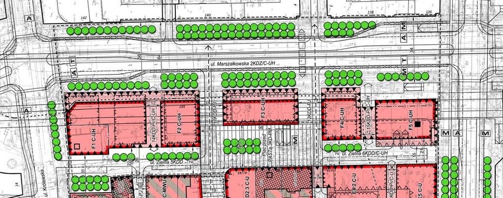 po wschodniej stronie ul. Marszałkowskiej od ul. Królewskiej do ul. Hożej. Plan proponuje ukształtowanie przestrzeni Ronda Dmowskiego. 3.6.