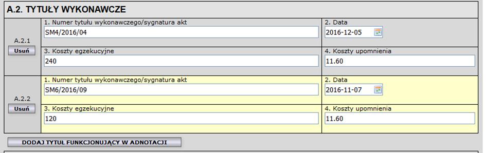 Formularz umożliwia dodawanie i usuwanie przedmiotów zajęcia oraz tytułów wykonawczych funkcjonujących w adnotacji poprzez kliknięcie w przycisk Dodaj przedmiot zajęcia lub odpowiednio Dodaj tytuł